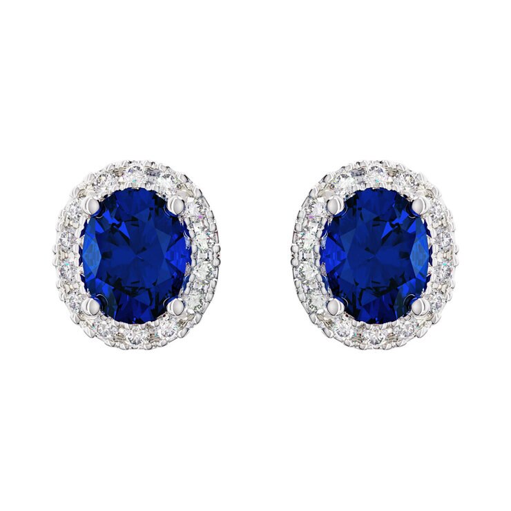 Oval Cut Sapphire & 0.16ctw Diamond Halo Earrings, 14ct White Gold