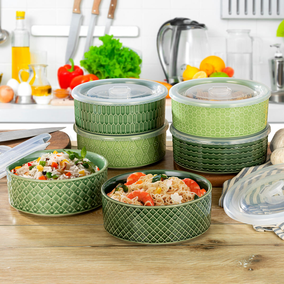 Signature Stoneware Bowls with Lids in 2 Colours, 6 Pack