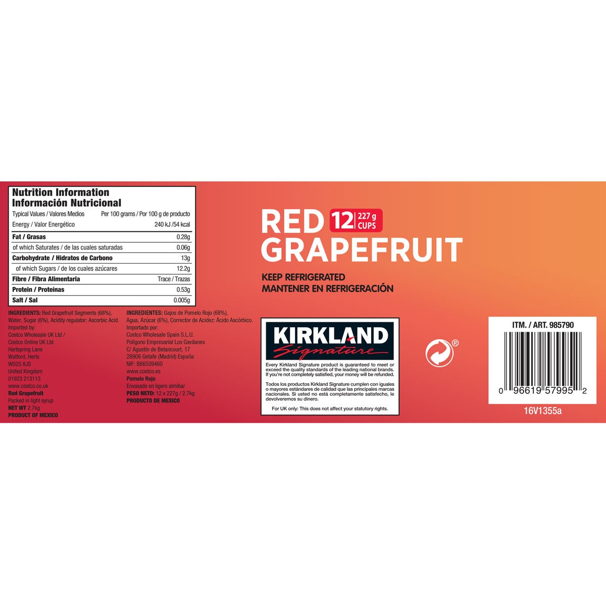 Kirkland Signature Red Grapefruit Cups, 12 x 227g