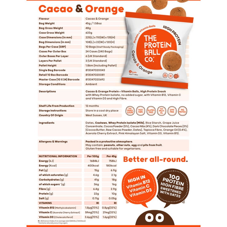 The Protein Ball Co. Cocoa & Orange, 20 x 45g The Protein Ball Co. Cocoa & Orange, 20 x 45g