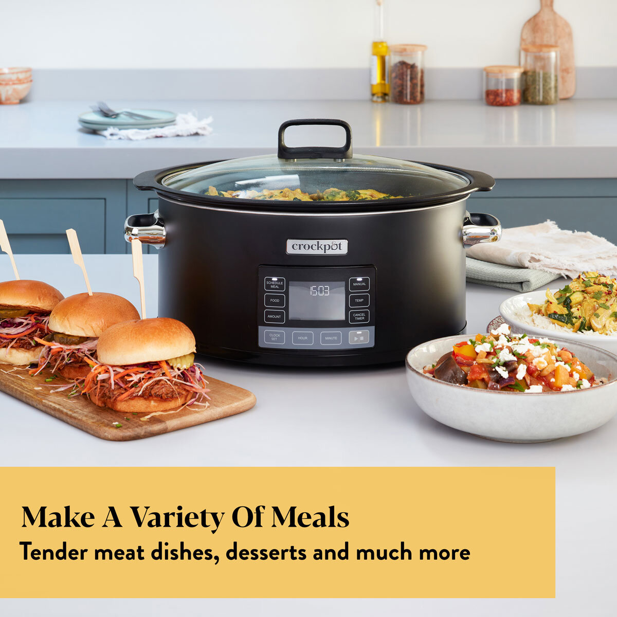 Lifestyle image of crockpot in kitchen with burgers
