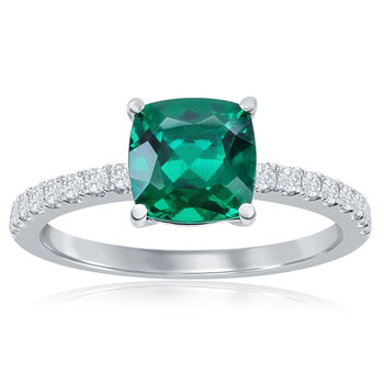 Cushion Cut Lab Created Emerald & 0.17ctw Diamond Ring, 14ct White Gold