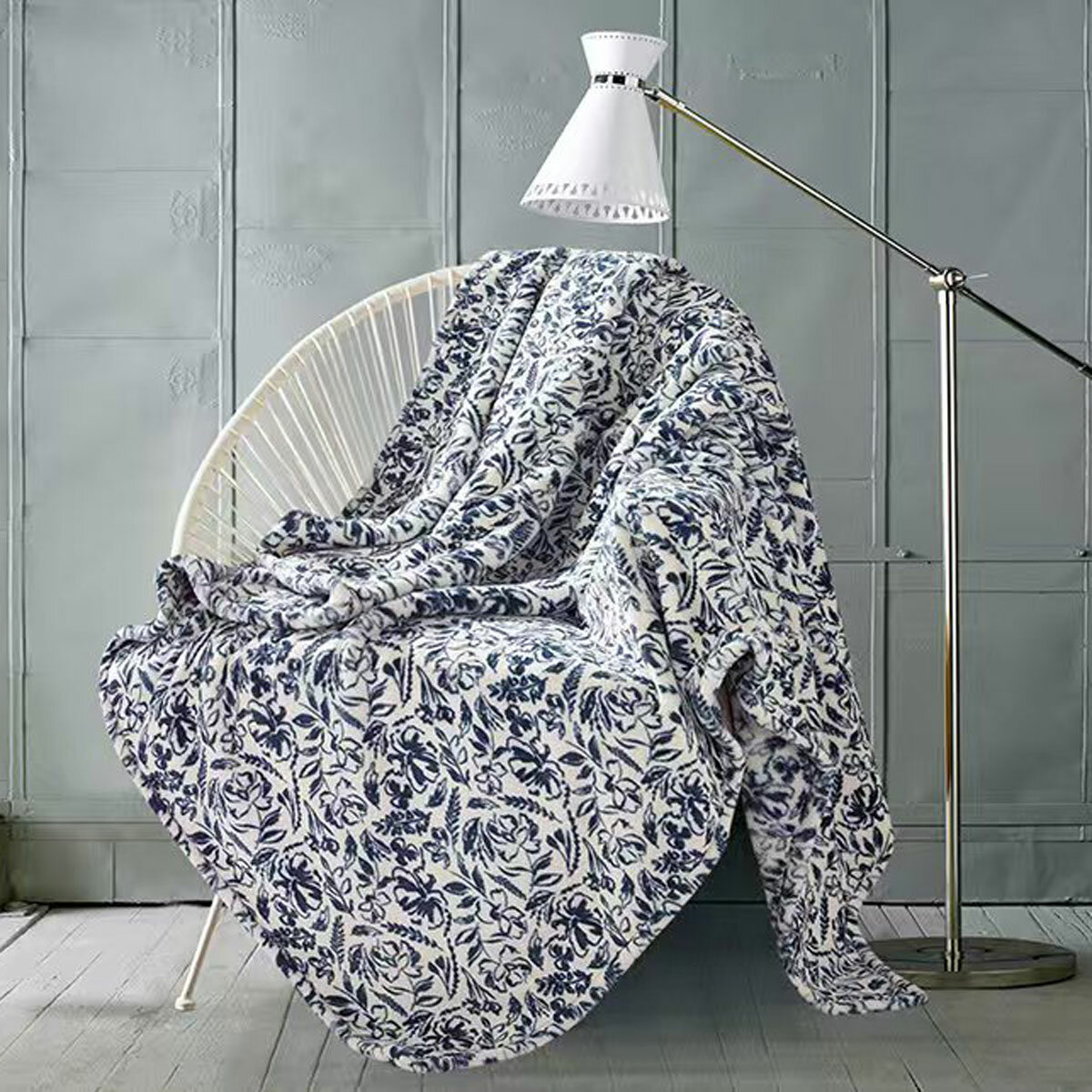 Monte & Jardin Printed Velvet Throw in Blue Floral, 152 x 177 cm