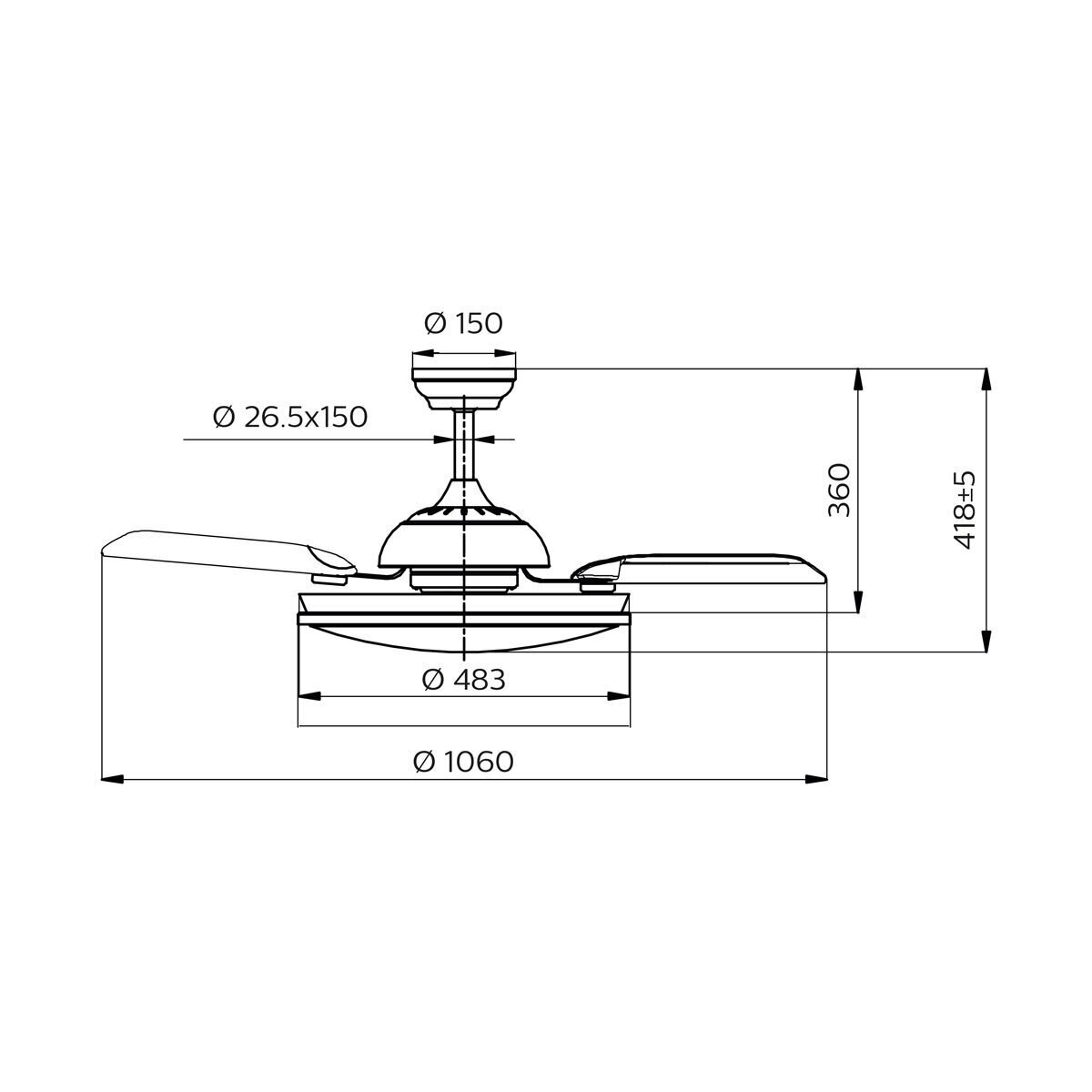 Line drawing of fan with dimensions