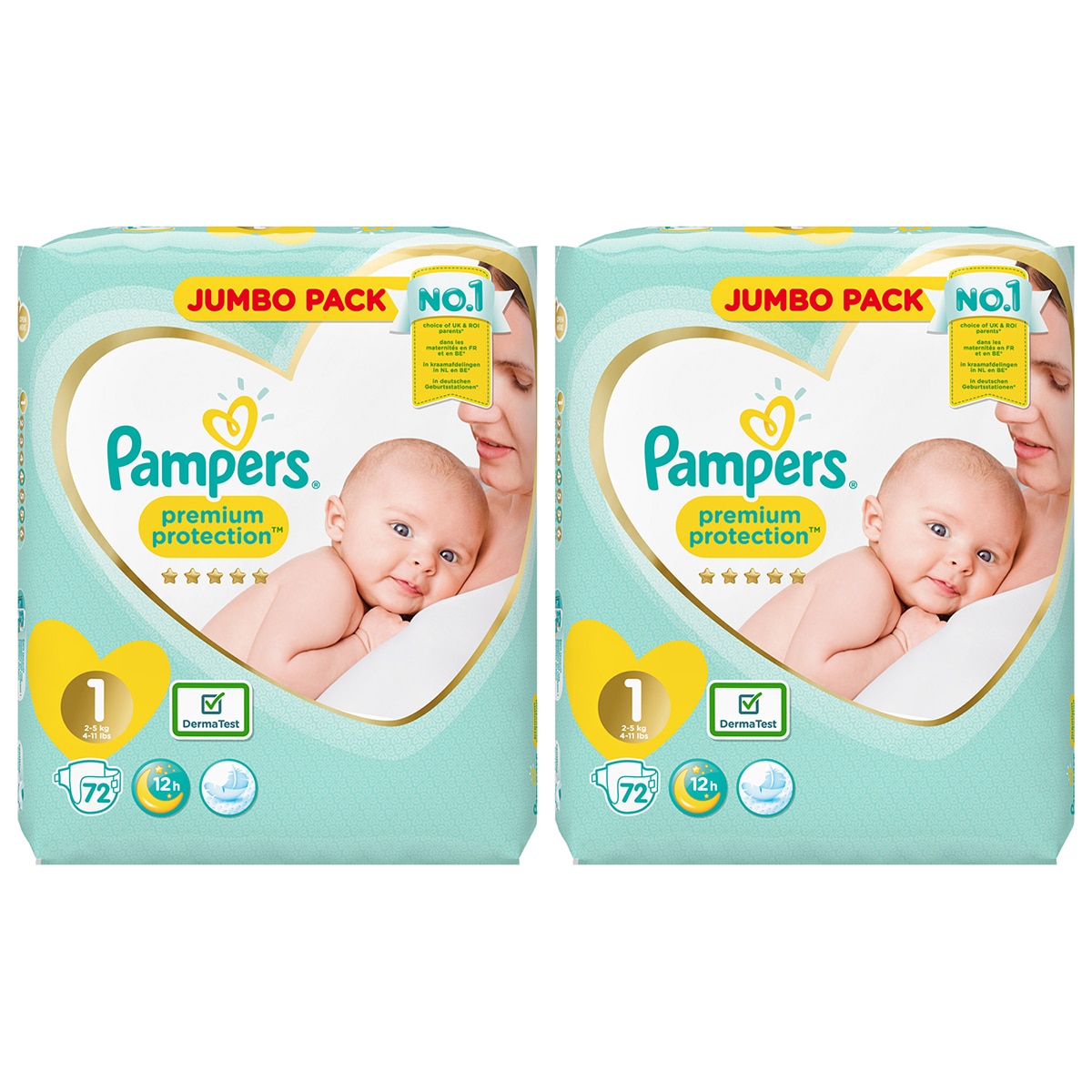 Pampers Premium Protection Nappies Size 1, 2 x 72 Jumbo P...