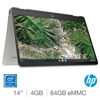 HP Chromebook x360, Intel Celeron, 4GB RAM,  64GB eMMC, 14 Inch Convertible Chromebook, 14a-ca0005na