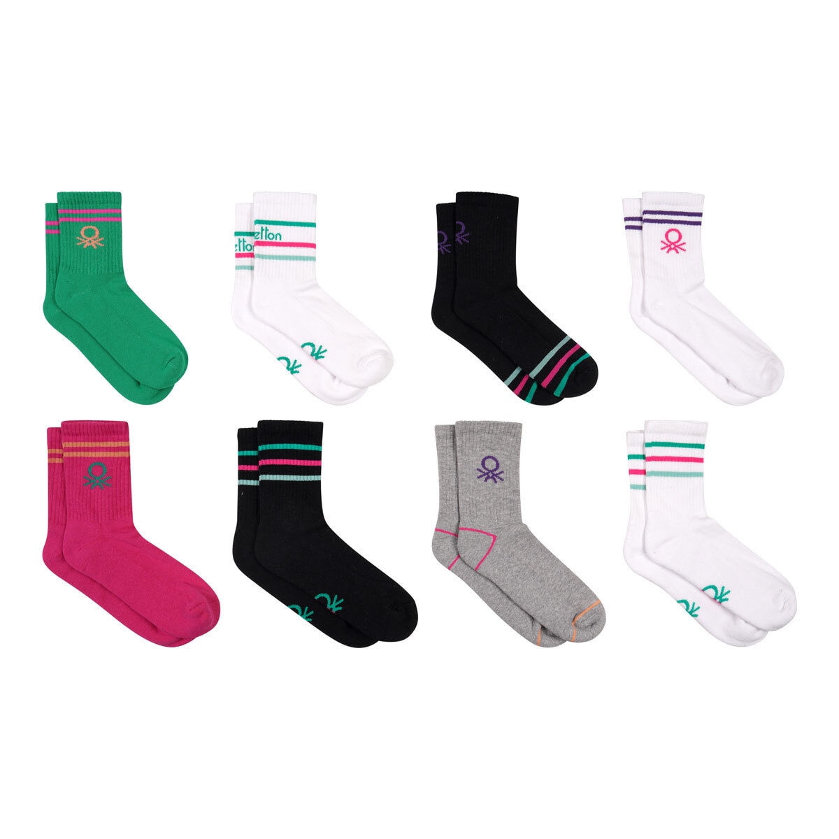 United Colors of Benetton Ladies Sport Crew Sock, Black/Colour 8 Pack