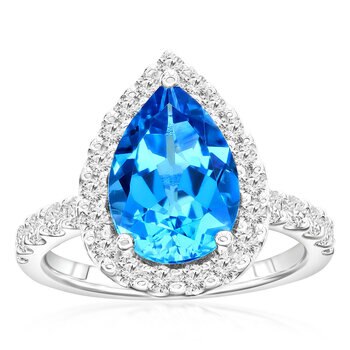 Pear Cut Blue Topaz & 0.66ctw Diamond Ring, 18ct White Gold