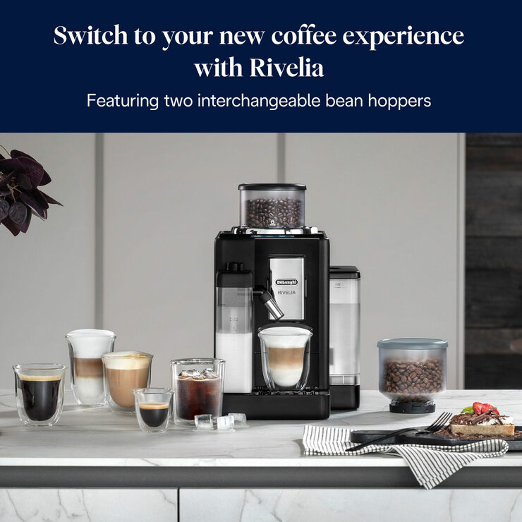 Lifestyle images of De'Longhi Rivelia Bean-to-Cup Coffee Machine featuring interchangeable bean hoppers