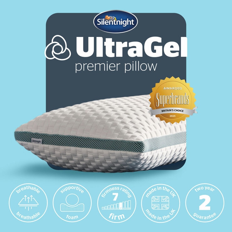 Silentnight UltraGel Premier Pillow with breathable foam, firm support (rating 7), UK-made, two-year guarantee, and 2023 Superbrands award.