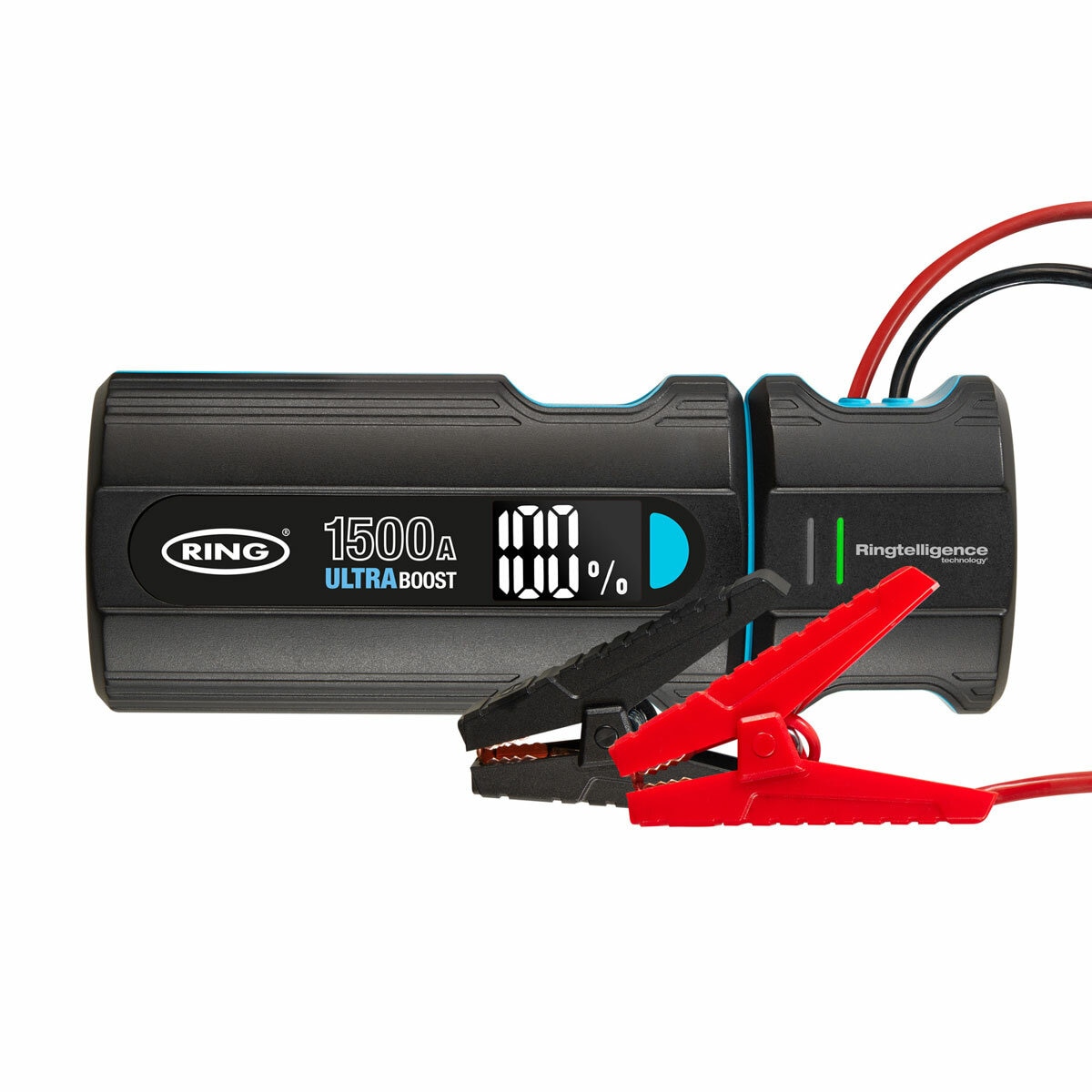Ring Ultraboost 1500A Jumpstarter pictured with Intelligent Battery Clamps