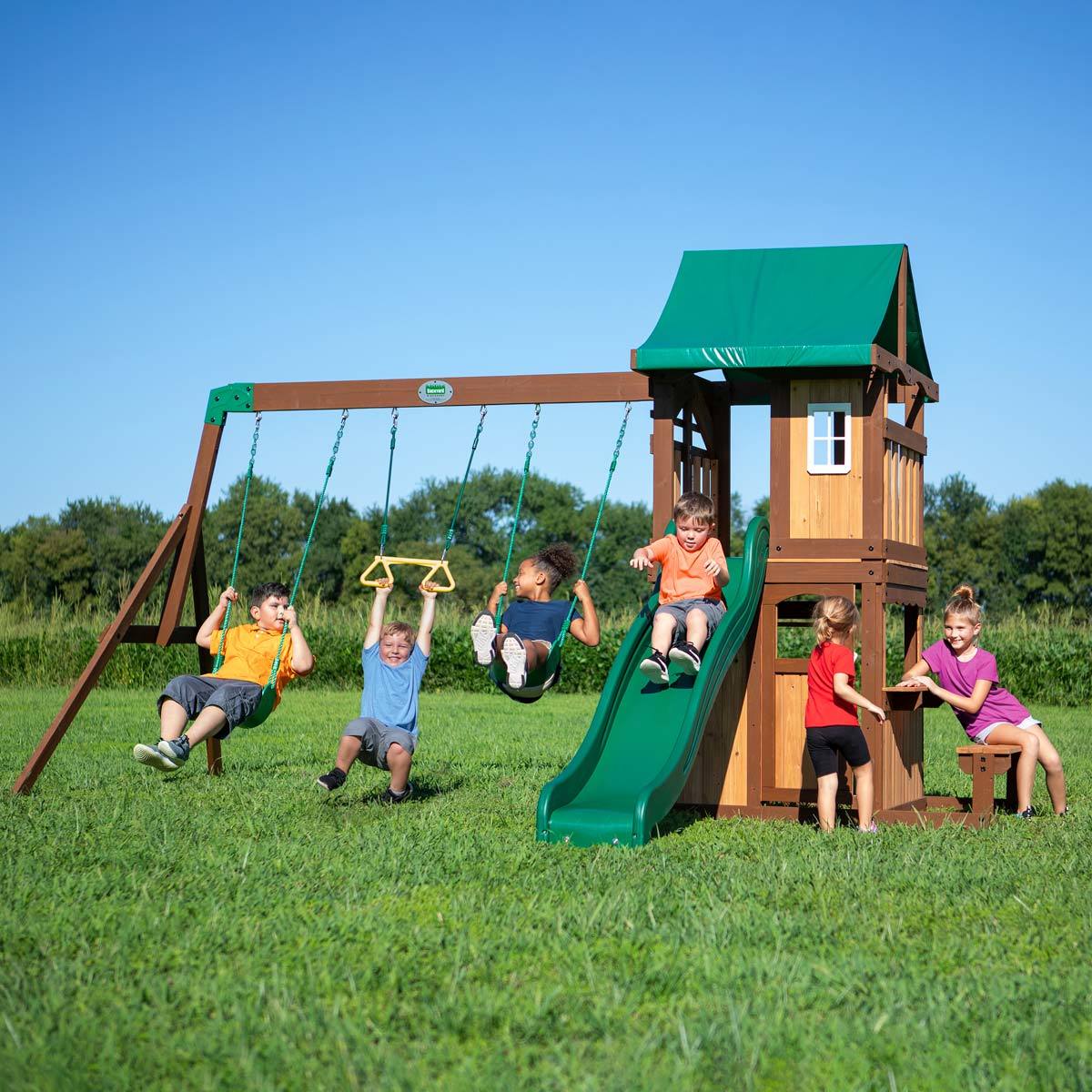 The Lakewood Swing set playcenter with children playing