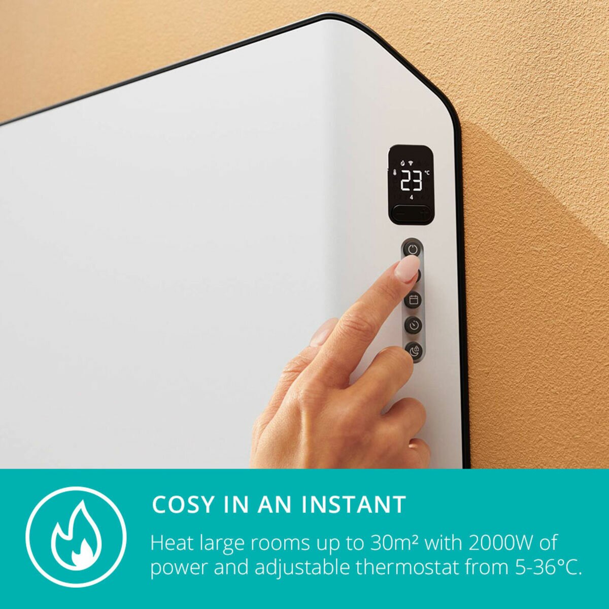 Close up image of Edge 1000 Smart Convector Heater Gen 2 showing display and controls