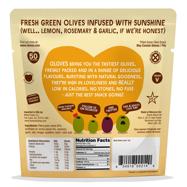 Oloves Lemon & Rosemary Natural Green Pitted Olives, 20 x 30g Costco UK