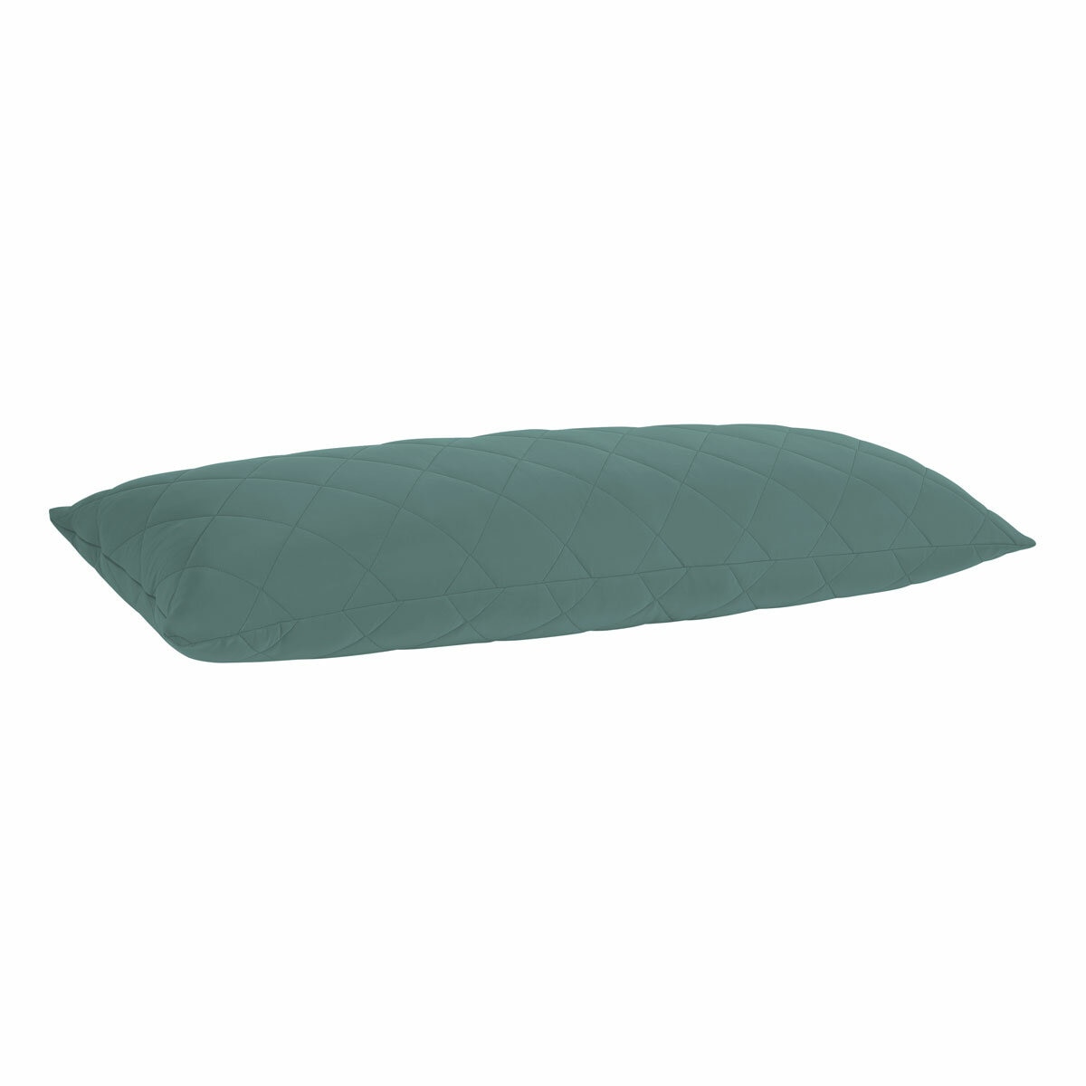 Quilted green body pillow with diamond stitching placed in front of two white pillows on a neatly Quilted green body pillow with diamond stitching placed in front of two white pillows on a neatly
