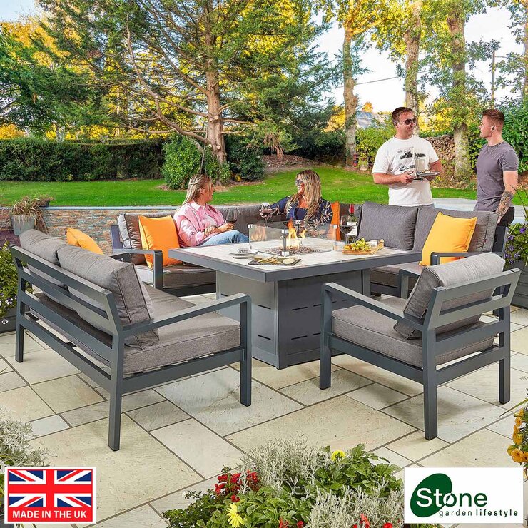 Stone Garden 4 Piece Deep Seating Corner Fire Patio Set in Grey Stone Garden 4 Piece Deep Seating Corner Fire Patio Set in Grey