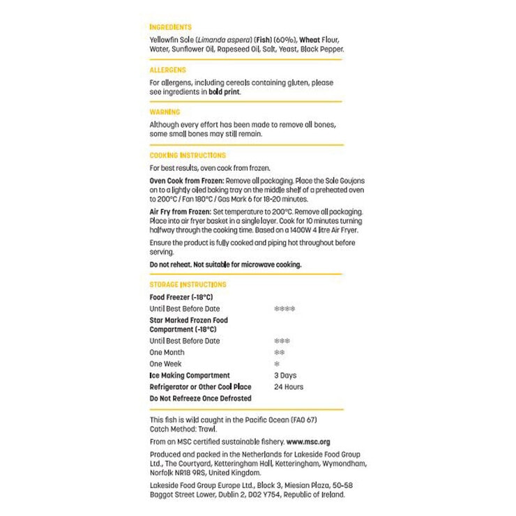 Lakeland Premium Yellowfin Sole Goujons, 1.07kg