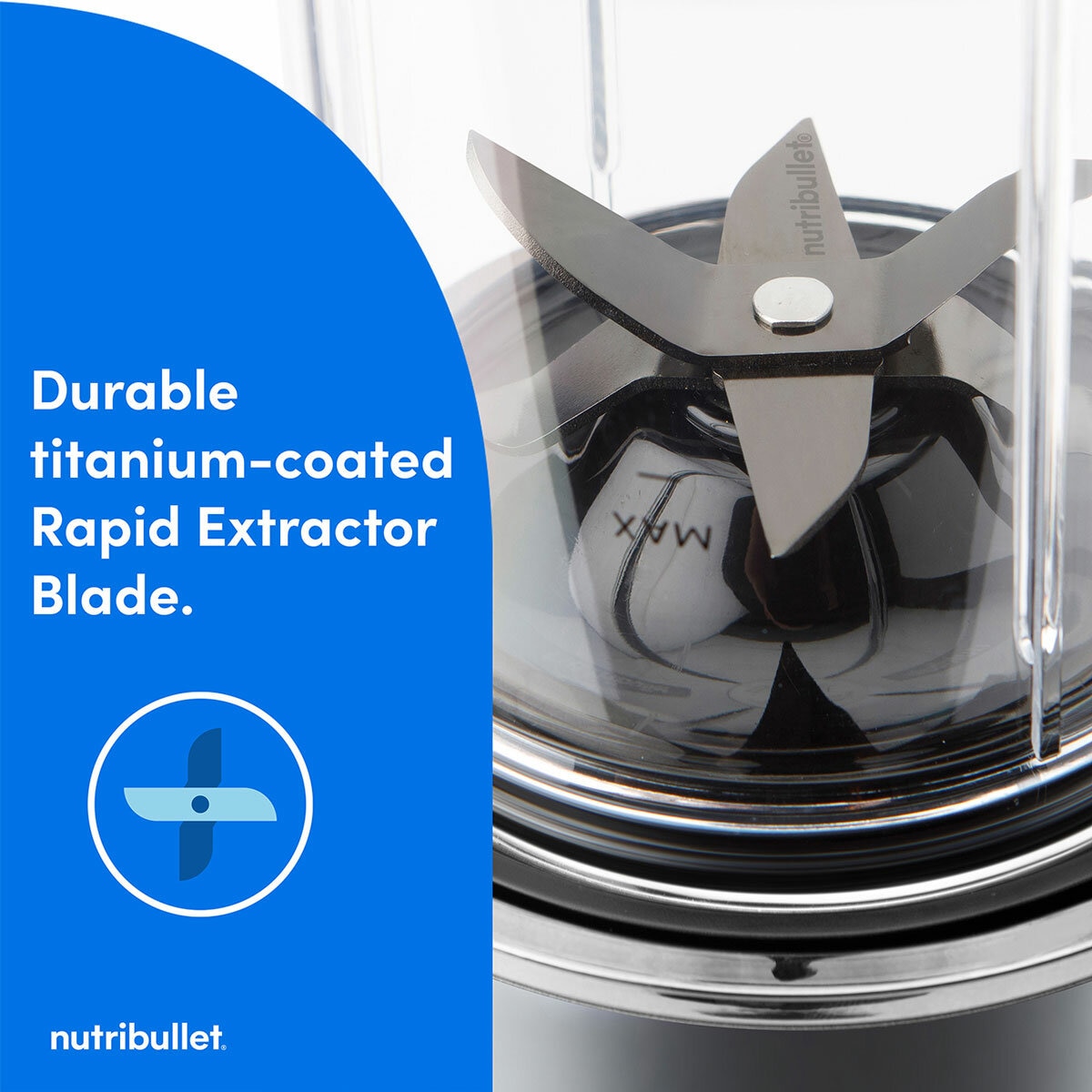 Lifestyle Image of Nutribullet Ultra Deluxe Blender showing close up of titanium coated rapid extractor blade