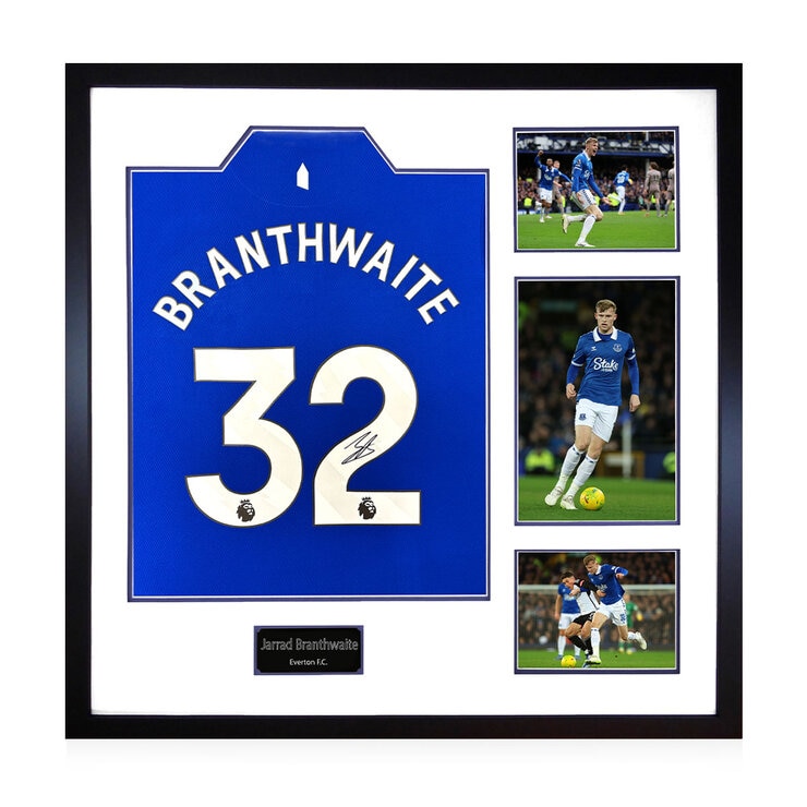 Jarred Branthwaite Signed Framed Everton 24/25 Football Shirt including 3 Photos Jarred Branthwaite Signed Framed Everton 24/25 Football Shirt including 3 Photos