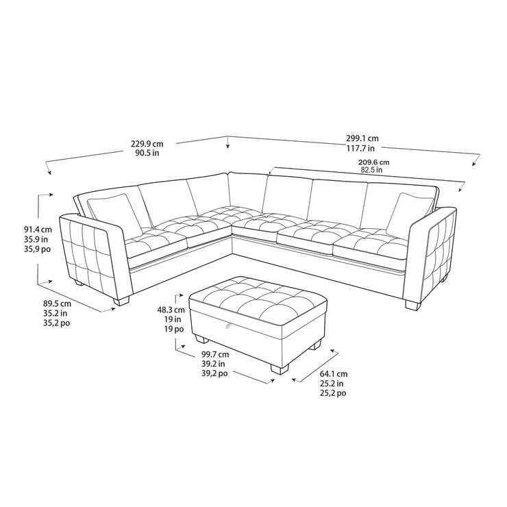Thomasville Kylie Grey Fabric Corner Sofa with Storage Ottoman showing dimensions