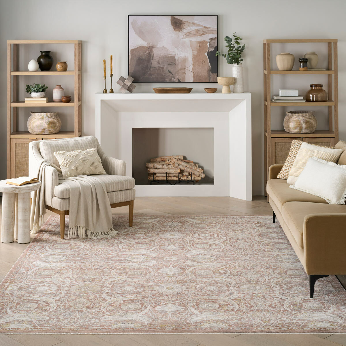 Pink and beige patterned rug with vintage-style floral and geometric motifs Pink and beige patterned rug with vintage-style floral and geometric motifs