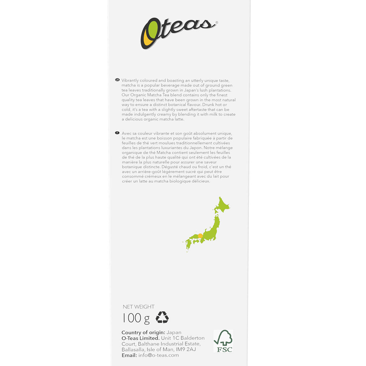 Oteas Organic Pure Matcha Tea, 100 Pack