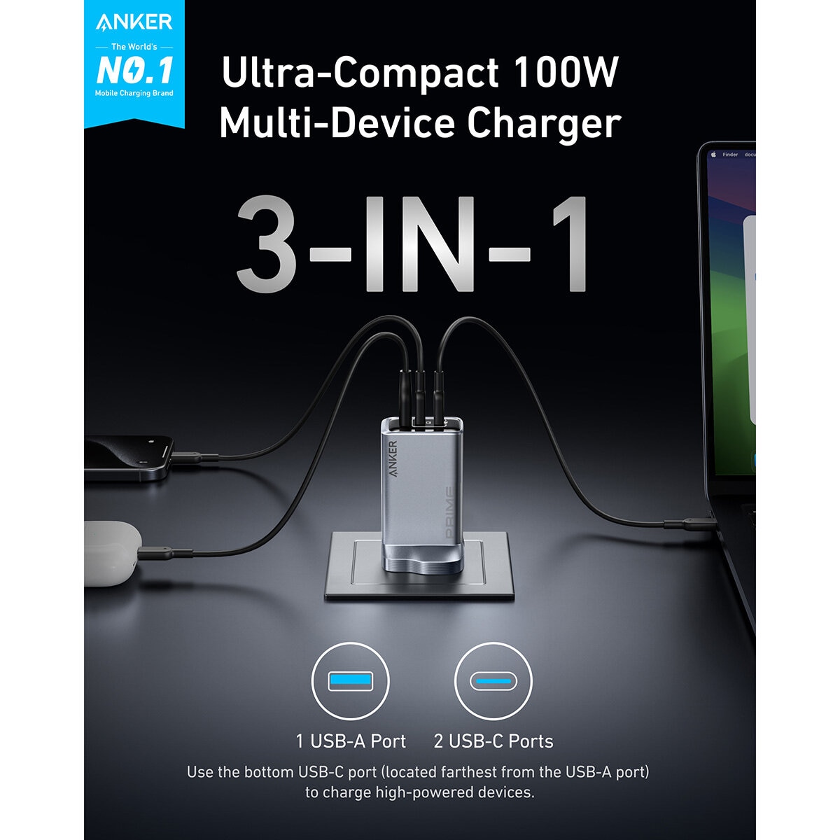 Anker Prime Charger (100W, 3 Ports, GaNPrime) with 0.9 m 240W USB-C to USB-C Cable and 1.8 m 240W USB-C to USB-C Cable