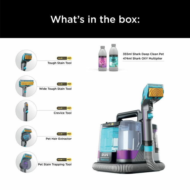 Left Profile of Shark StainStriker HairPro Pet Stain & Spot Cleaner with what's in the box
