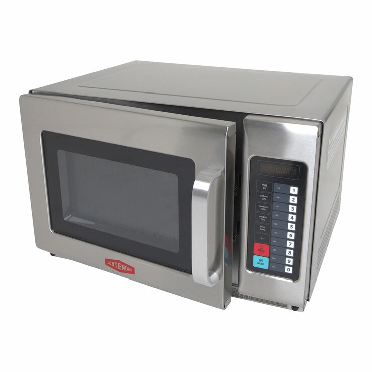 Slanted profile of Contender Commercial 1800W Microwave Oven with door slightly ajar