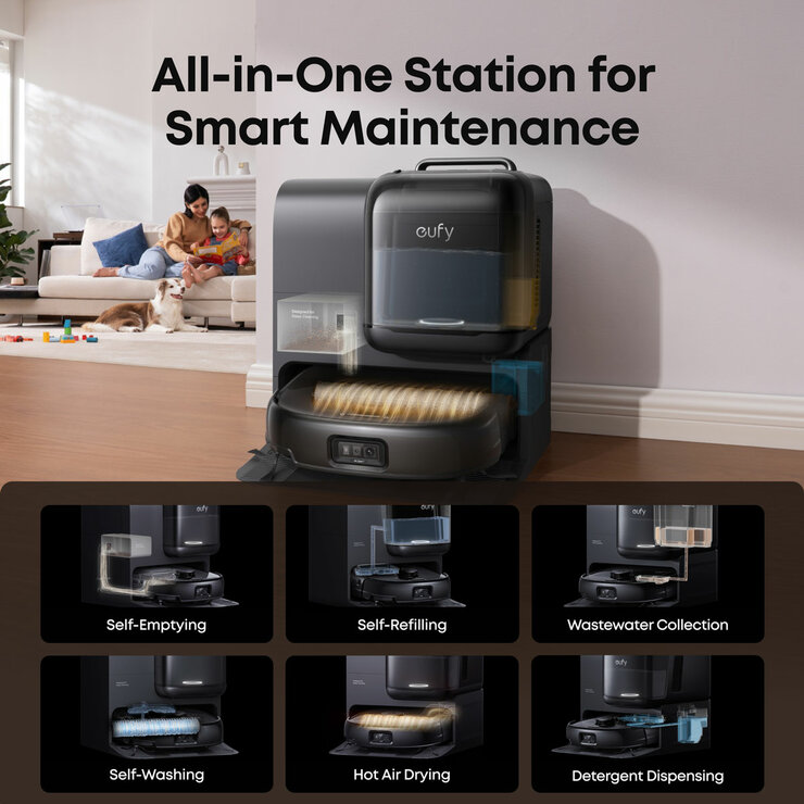 Lifestyle image of Eufy E28 with all in one station for smart maintenance