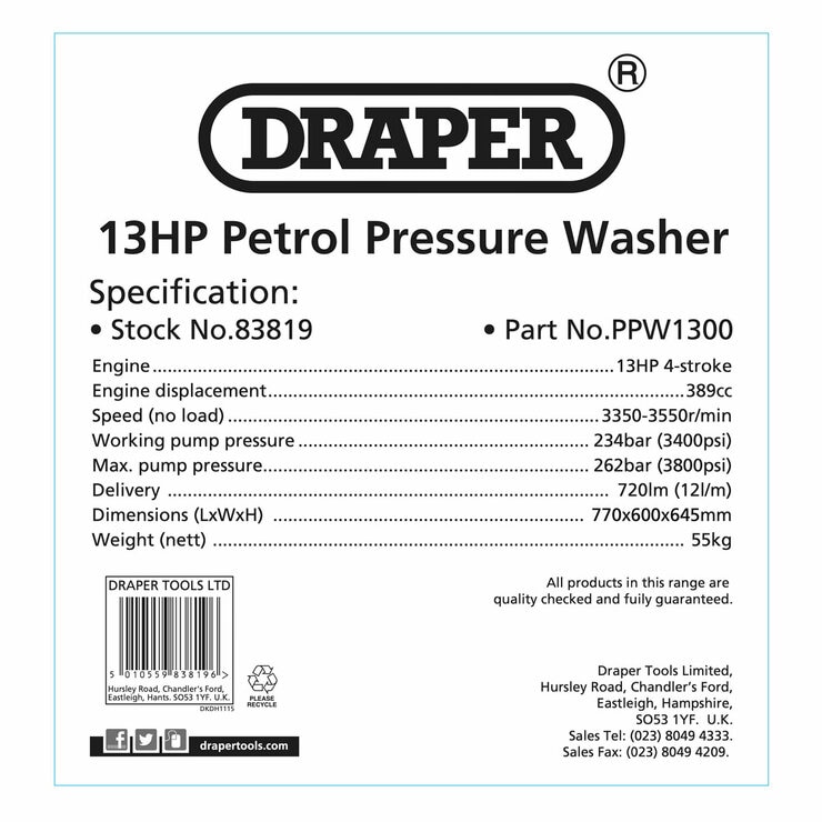 Draper 13HP 389cc Petrol Pressure Washer Draper 13HP 389cc Petrol Pressure Washer