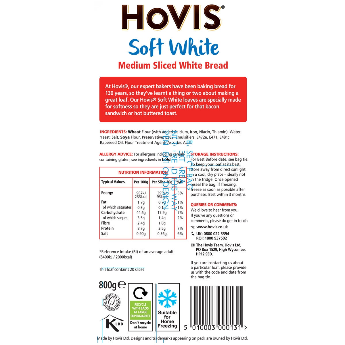 Hovis Soft Medium White Sliced, 800g