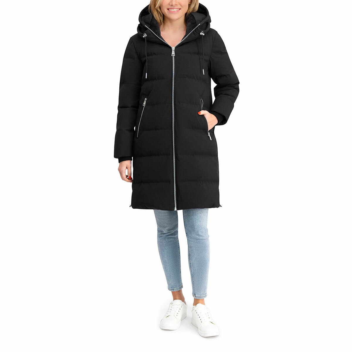 DKNY Ladies Long Down Coat with Hood in Black