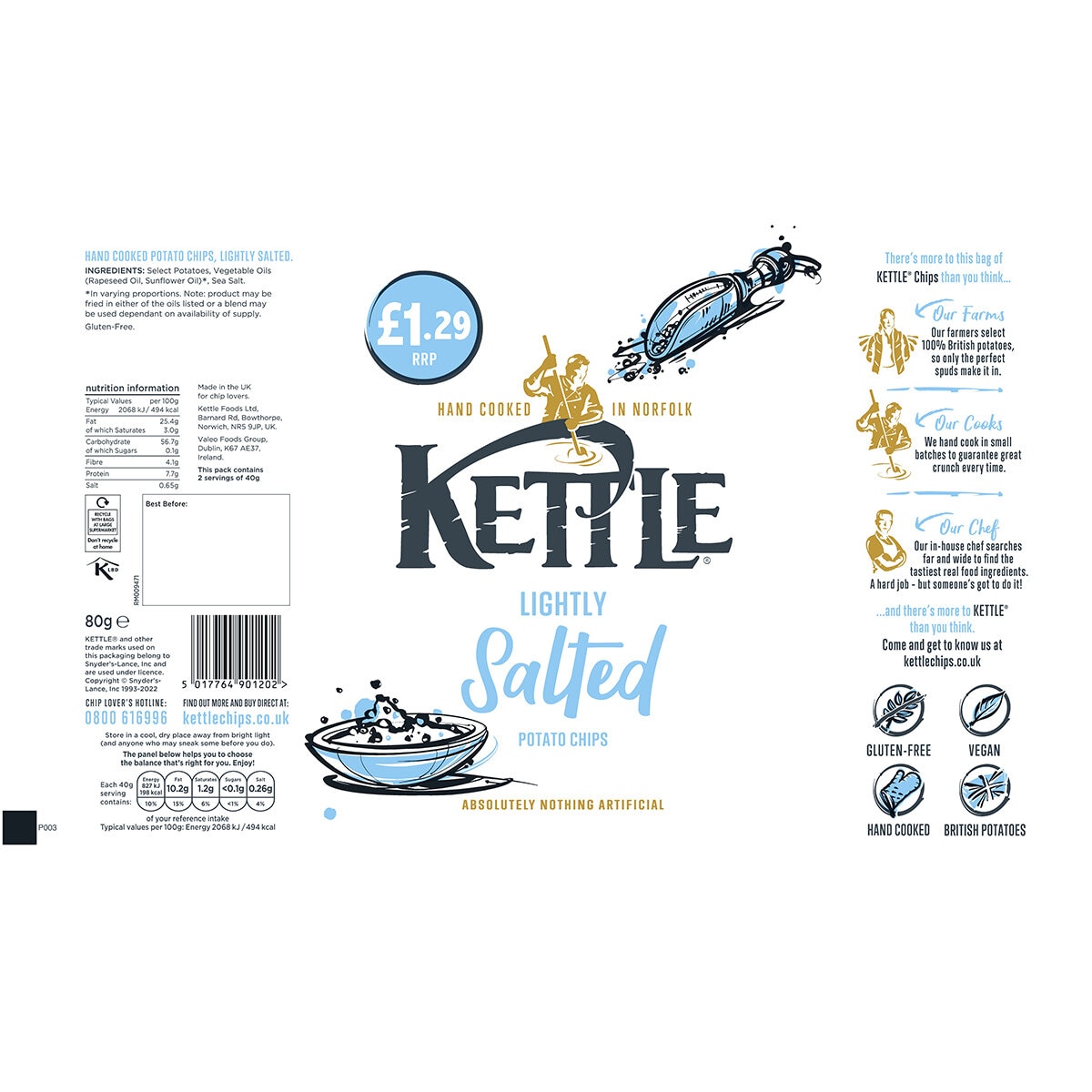 Kettle Hand Cooked Lightly Salted Chips PMP £1.29, 12 x 80g