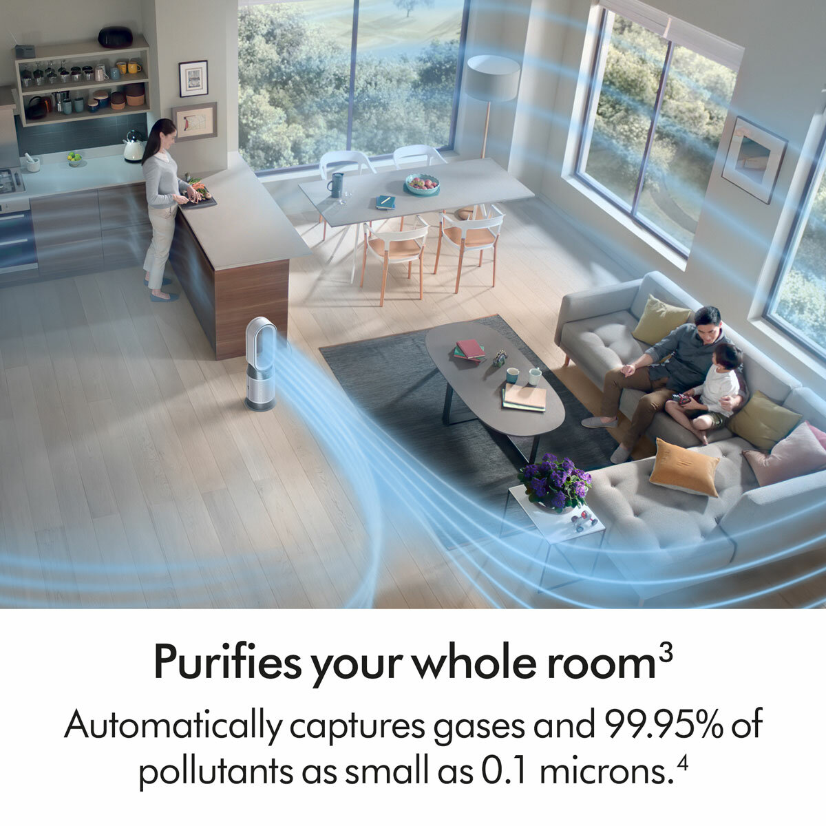 Lifestyle image of Dyson Purifier Hot+Cool HP1 Purifying Fan Heater purifying a room Lifestyle image of Dyson Purifier Hot+Cool HP1 Purifying Fan Heater purifying a room