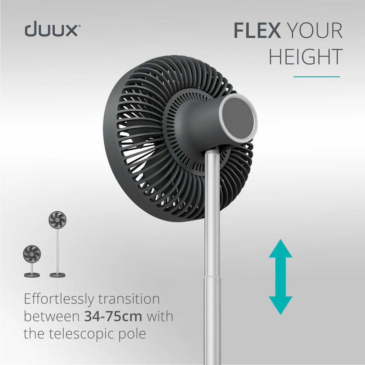 Lifestyle image of Duux Rize Fan transiting between 34 to 75 cm with telescopic pole