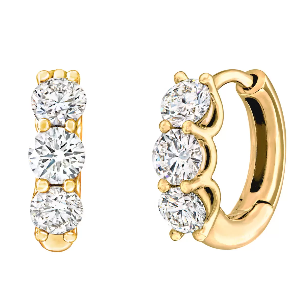 1.18ctw 3 Stone Diamond Hoop Earrings, 14ct Yellow Gold