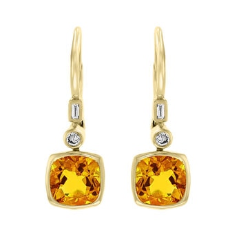 Cushion Cut Citrine & 0.10ctw Diamond Earrings, 14ct Yellow Gold