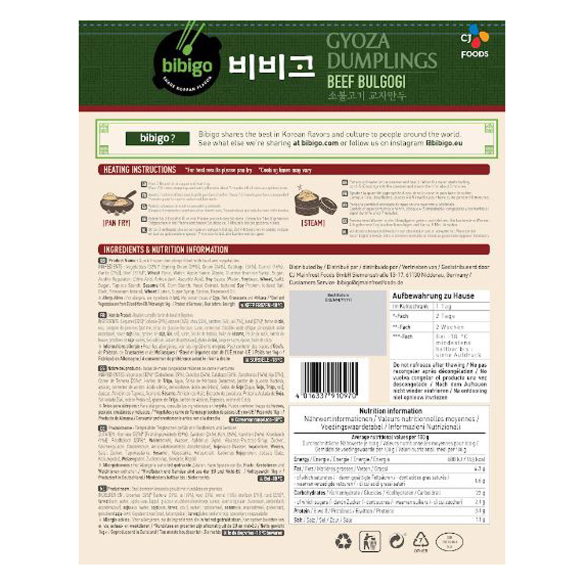 Bibigo Gyoza Dumplings Beef Bulgogi, 1kg