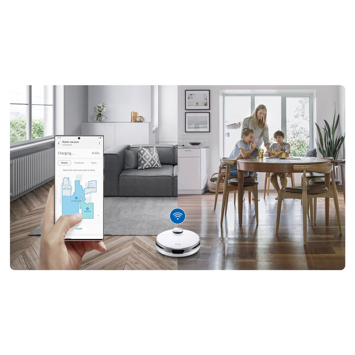 Lifestyle image of Samsung Robotic Vac showing phone connectivity