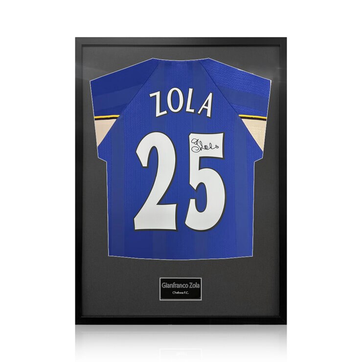 Gianfranco Zola Signed Framed Chelsea Football Shirt in 2 Options: White or Black Mount Gianfranco Zola Signed Framed Chelsea Football Shirt in 2 Options: White or Black Mount