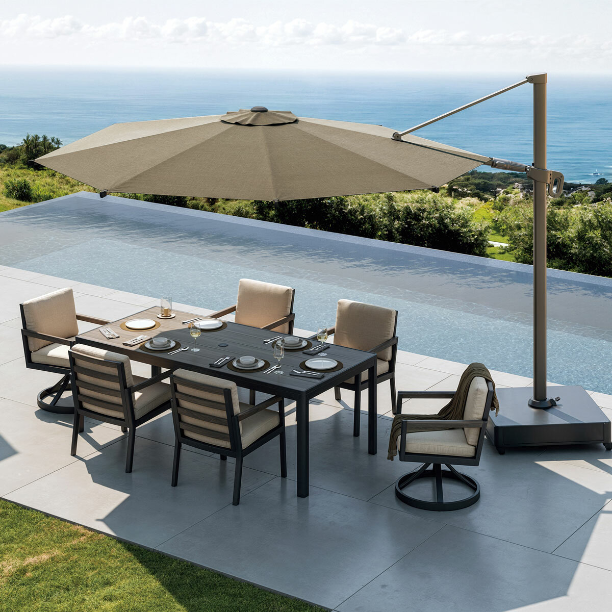 Mirador 11ft (3.3m) Round Cantilever Umbrella with Rolling Base in Beige (non-LED)