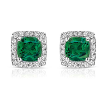 Cushion Cut Lab Emerald & 0.13ctw Diamond Stud Earrings, 14ct White Gold