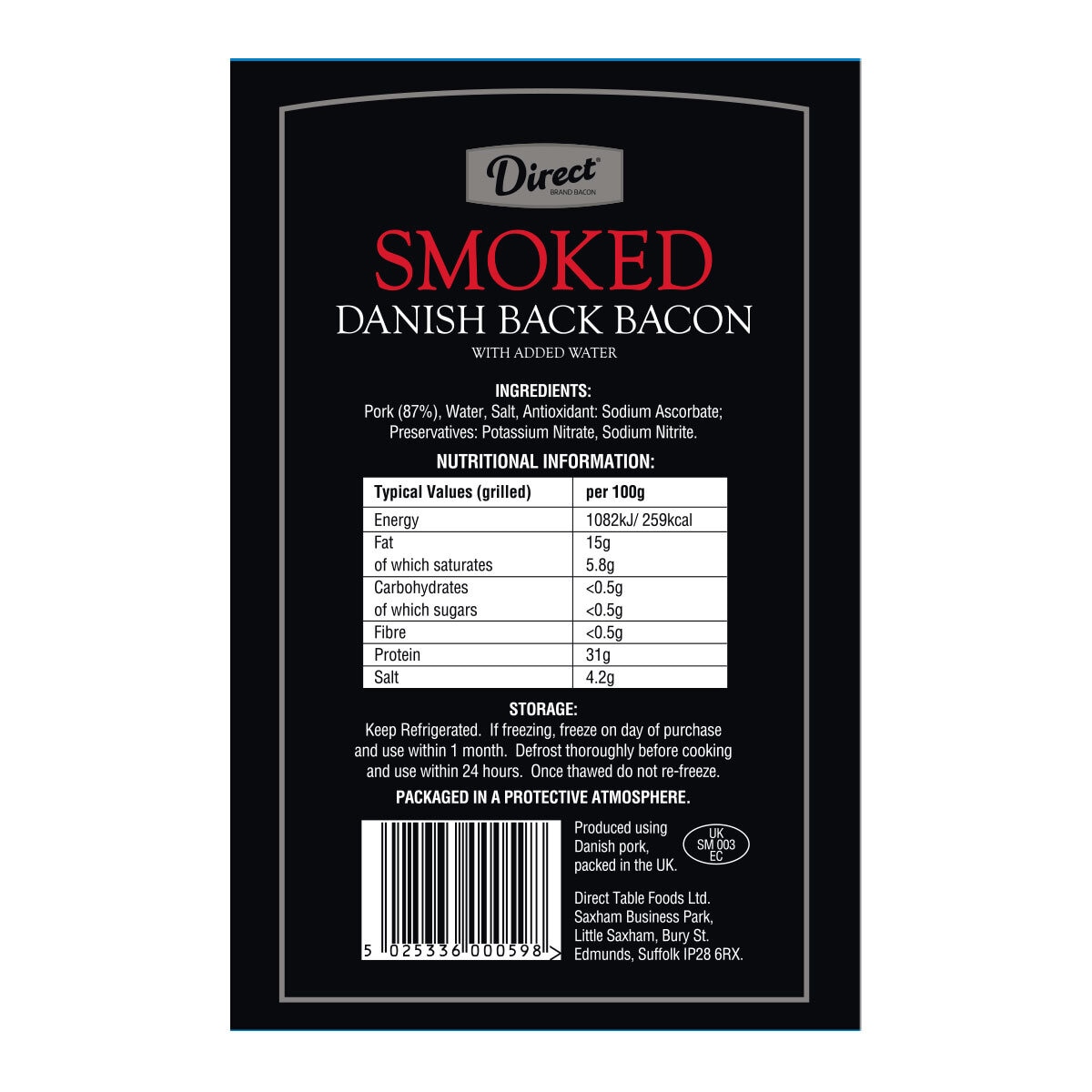 Direct Table Smoked Danish Back Bacon, 6 x 250g