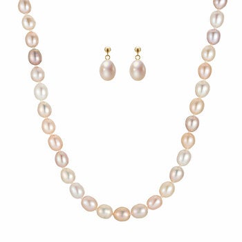 6.5-7mm Cultured Freshwater Pink Pearl Earring & Necklace Set, 14ct Yellow Gold