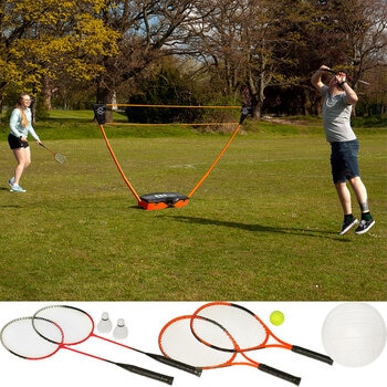 Lifestyle image showing two people playing badminton, as well as images of the included rackets, shuttlecocks, volleyball and tennis ball