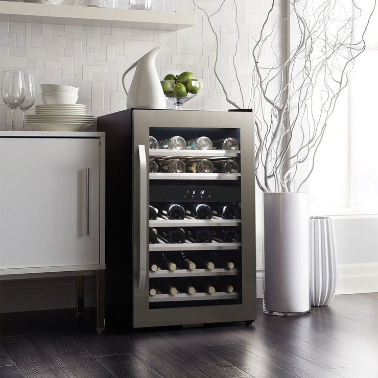 Danby DWC114KD1BSS, 38 Bottle Freestanding, Dual Zone Wine Cooler in