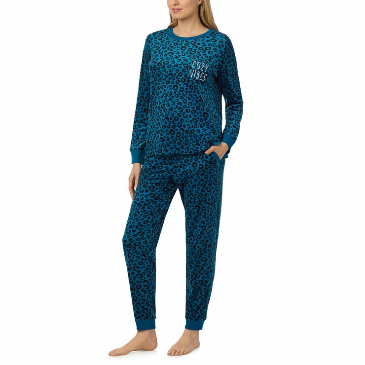Jane & Bleecker Women's Silky Plush Pyjama Set in Teal Animal
