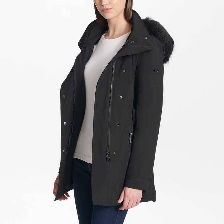 Andrew Marc Women's Softshell Jacket with Faux Fur Trim Hood in Black