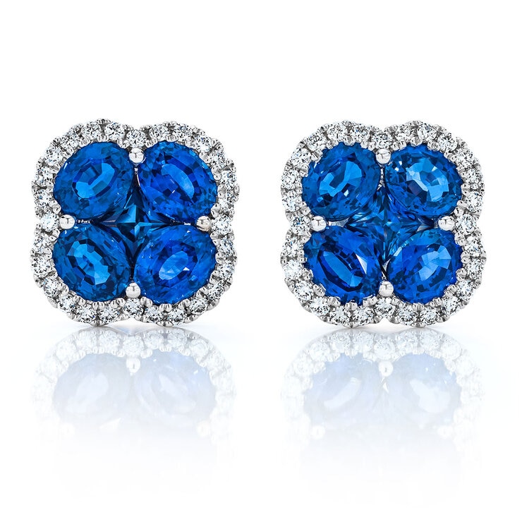 Oval & Princess Cut Blue Sapphire & 0.27ctw Diamond Clover Stud Earrings, 14ct White Gold Oval & Princess Cut Blue Sapphire & 0.27ctw Diamond Clover Stud Earrings, 14ct White Gold